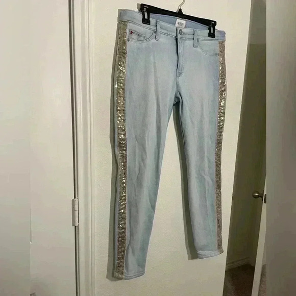 Hudson Light Wash Luna Cropped Super Skinny Silver Sequined Jeans Womens Size 32 - Picture 2 of 9
